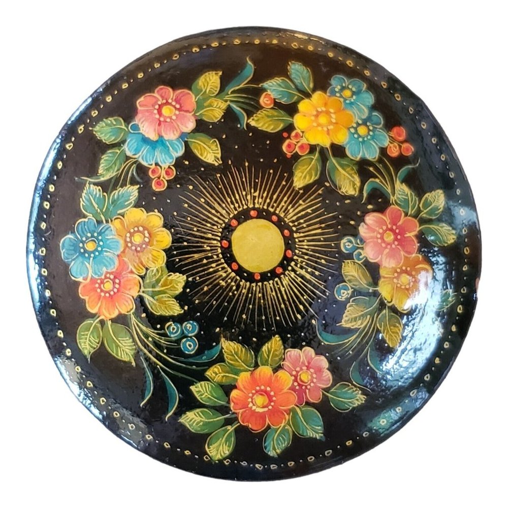 Vintage Russian Round Handpainted Black Lacquer Pin